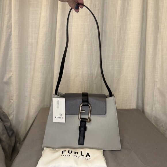 Furla Nuvola Leather Bag, Adjustable Strap, Gray/Black, Cenere/Soil/Nero - Picture 3 of 15